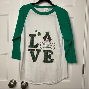 St. Patrick’s Day LOVE baseball tee with a dog for Lily, size medium